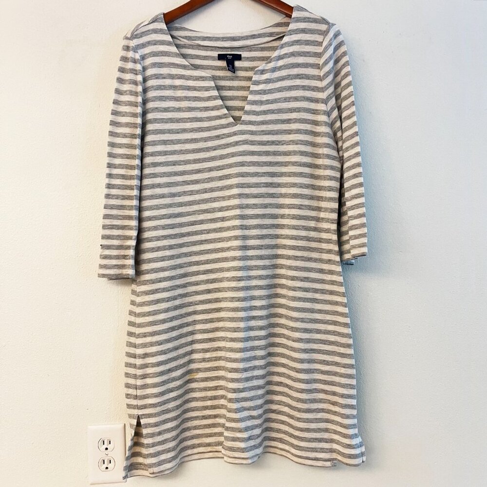 Gap Women's 3/4 sleeve gray/white striped terry dress, size L